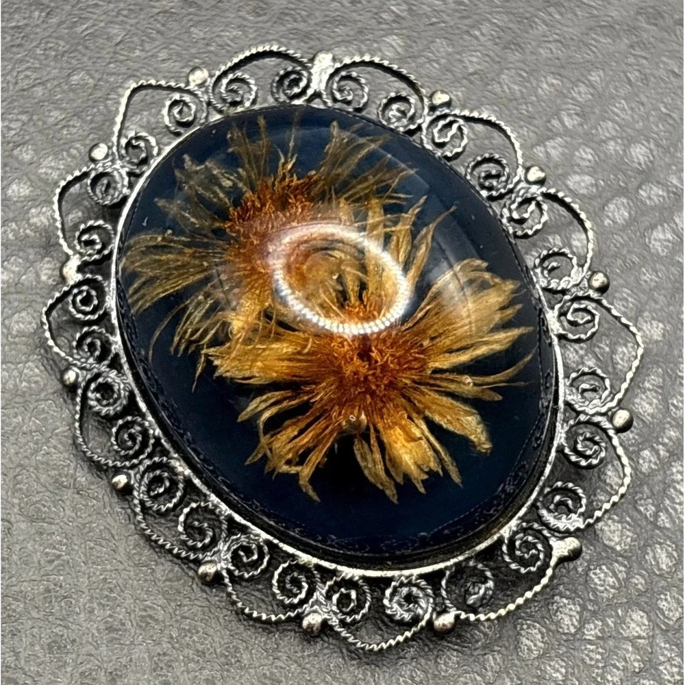 Vintage Victorian Revival Pressed Flowers Brooch Pendant Oval Resin Silver Tone